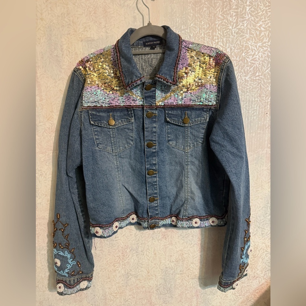 Vintage Boston Proper Multicolor Sequin And Beaded Jean Jacket, Sz Small
